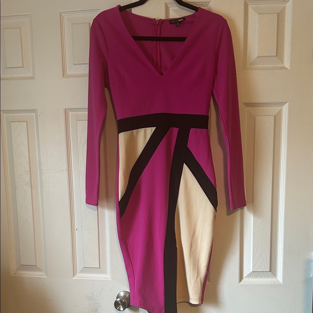 Fashion Nova Pink and Cream Long Sleeve Dress